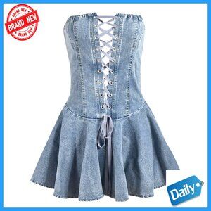 Denim Off Shoulder Mini Dress with Lace-Up Front and Back Zipper